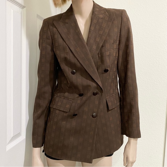 Rare Vintage ESCADA Wool Blend Double Breasted Square Print Brown Blazer Size 34 - Picture 1 of 16